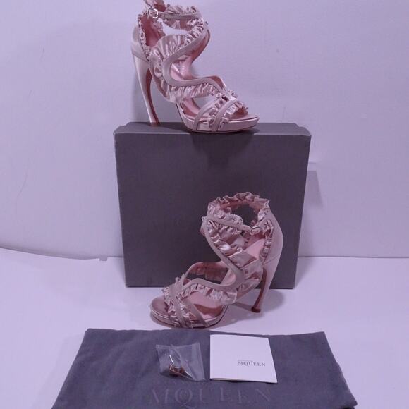Alexander Mcqueen Satin Ruffle Butterfly Ankle Bowed Sandals NIB 1450 Sz 38 - Picture 2 of 14